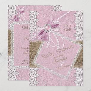 Rustikale Mädchen-Babyparty Rosa Schleife Perlen-S Einladung