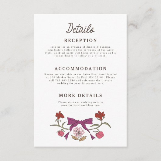 Rustikale Magenta-Bögen und Blüten - Hochzeitsdeta Begleitkarte (Vorderseite)