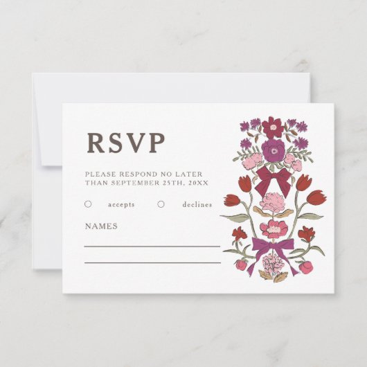 Rustikale Magenta Bows und Blume Hochzeit RSVP Karte (Vorderseite)