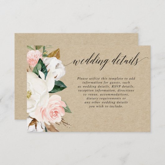 Rustikale Magnolia Blütenweiß Rosa Hochzeitsdetail Begleitkarte (Vorne/Hinten)