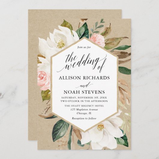 Rustikale Magnolia Blütenweiße Hochzeit Einladung (Vorne/Hinten)