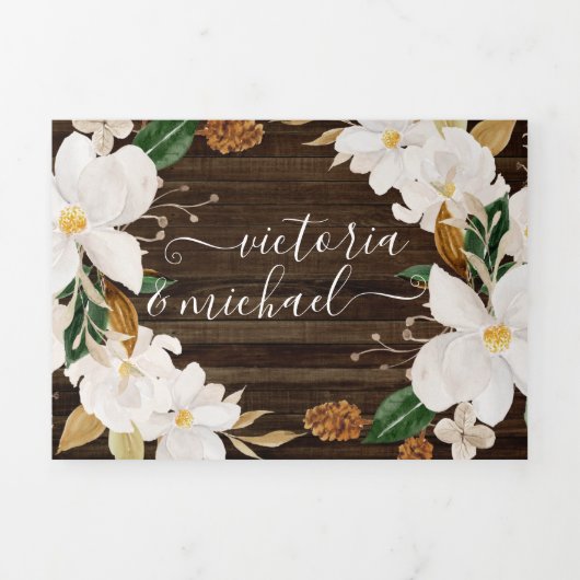 Rustikale Magnolia floral Wedding Tri-Fold Einladu Dreifach Gefaltete Einladung (Cover)
