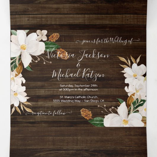 Rustikale Magnolia floral Wedding Tri-Fold Einladu Dreifach Gefaltete Einladung (Innenseite Mitte)