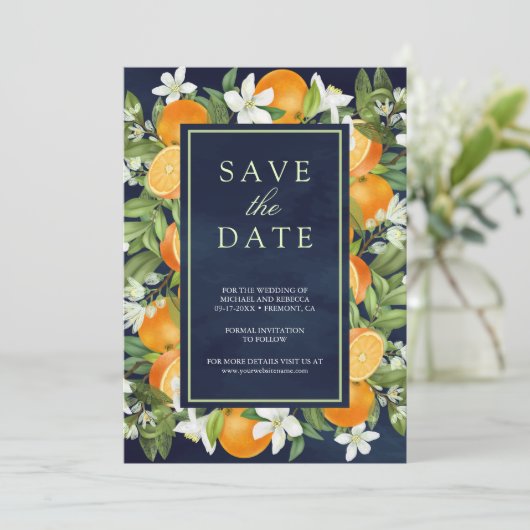 Rustikale Mandarine Citrus Orange Navy Foto Hochze Save The Date (Stehend Vorderseite)