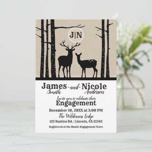 Rustikale männliche weibliche Hirsche Verlobung Einladung (Stehend Vorderseite)