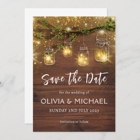 Rustikale Märchenleuchten speichern die Daten, Mau Einladung (Vorne/Hinten)