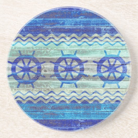 Rustikale Marine-Blau-Küstendekor-Schiffs-Räder Sandstein Untersetzer (Vorne)