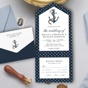 Rustikale marineblaue Anker Hochzeit im maritimen All In One Einladung