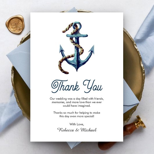 Rustikale marineblaue Anker-Tau-Hochzeit Dankeskarte