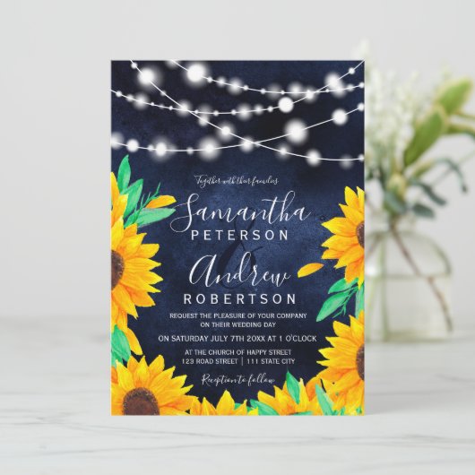Rustikale marineblaue Lichter Sonnenblumen Hochzei Einladung (Stehend Vorderseite)