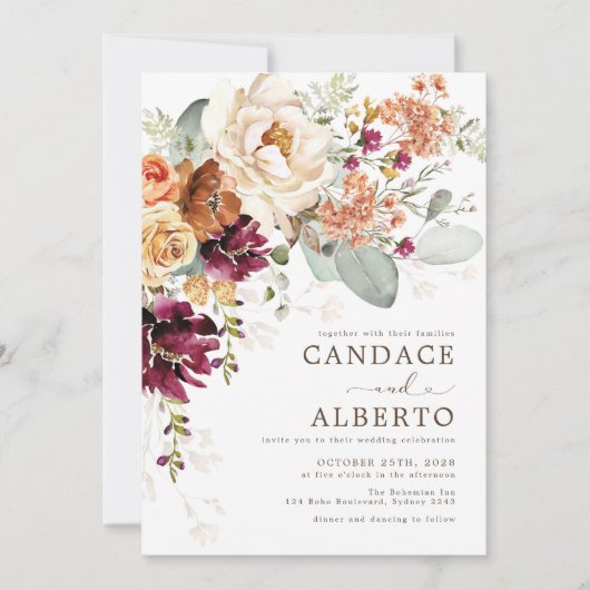 Rustikale Maroon Rust Orange Botanische Blumenhoch Einladung (Vorderseite)