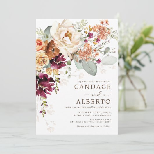 Rustikale Maroon Rust Orange Botanische Blumenhoch Einladung (Stehend Vorderseite)