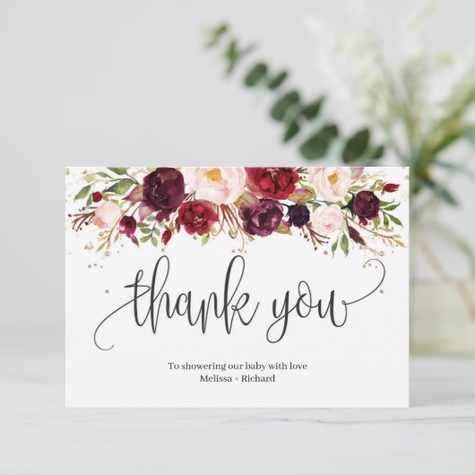 Rustikale Marsala burgundy Blütengolddusche Begleitkarte (Stehend Vorderseite)