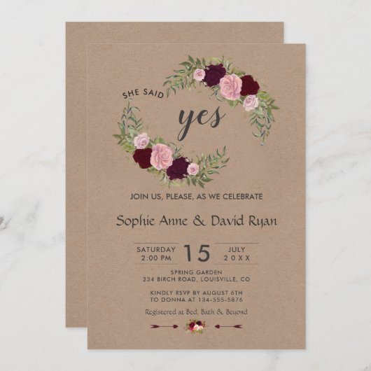 Rustikale Marsala Floral Craft Papier Engagement P Einladung (Vorne/Hinten)