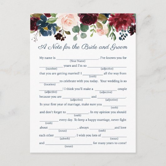 Rustikale Marsala Floral Wedding Advice Cards Postkarte (Vorderseite)