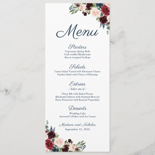 Rustikale Marsala Floral Wedding Menu Karten (Vorderseite)