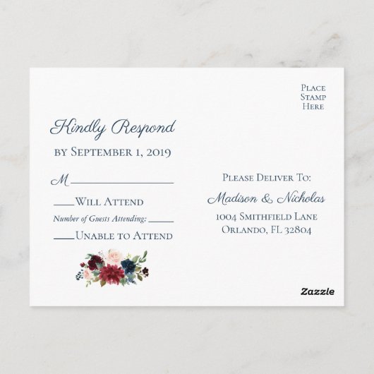 Rustikale Marsala Floral Wedding RSVP Postkarten (Rückseite)