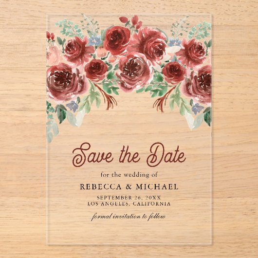 Rustikale Marsala florale Hochzeit retten das Datu Acryleinladungen (Vorderseite)