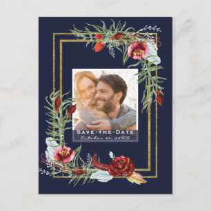 Rustikale Marsala Florale Navy Foto Save-the-Date- Ankündigungspostkarte