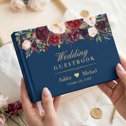 Rustikale Marsala Red Floral Navy Blue Wedding Gästebuch