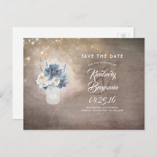 Rustikale Mason Dusty Blue Floral Save the Date Ankündigungspostkarte (Vorne/Hinten)