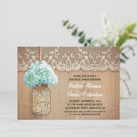 rustikale Mason Glas aquamarine Hydrangea Probe Ab Einladung (Stehend Vorderseite)
