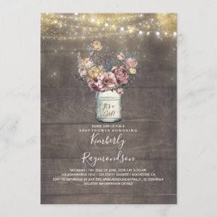 Rustikale Mason-Glas-Mauve- und Gold-Baby-Party Einladung