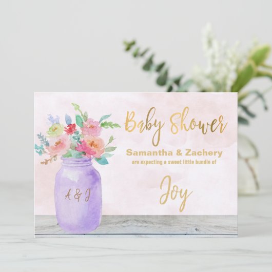 *~* Rustikale Mason Jar Blume Lavendel Babydusche Einladung (Stehend Vorderseite)