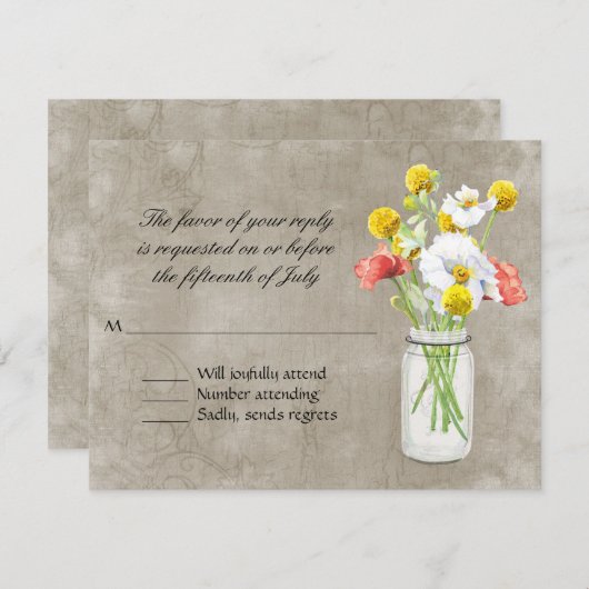 Rustikale Mason Jar Bouquet Crackle Wirbel RSVP Karte (Vorne/Hinten)