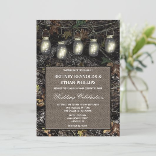 Rustikale Mason Jar Jagd Camouflage Einladungen Ho (Stehend Vorderseite)