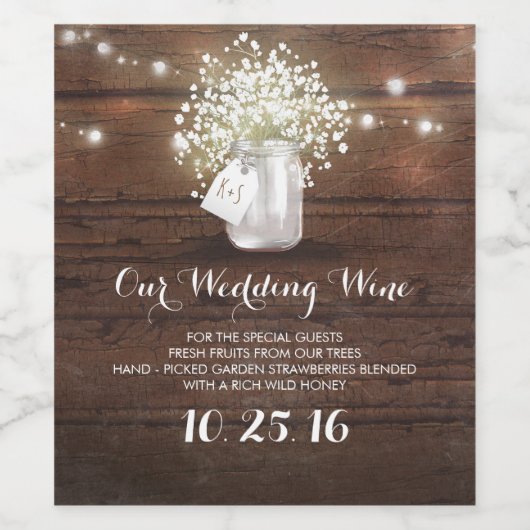 Rustikale Mason Jar Leuchten und Gipskraut Barn Weinetikett (Einzelnes Label)