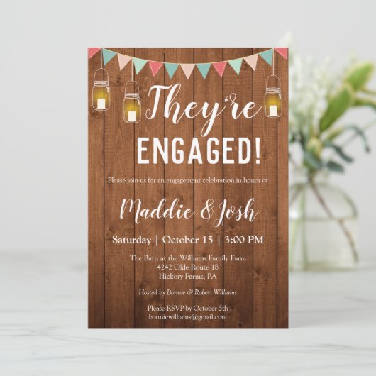 Rustikale Mason Jar Lights Engagement Party Einladung (Stehend Vorderseite)