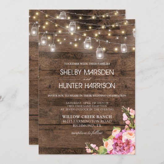 Rustikale Mason Jar Lights Foto Blush Blumenhochze Einladung (Vorne/Hinten)