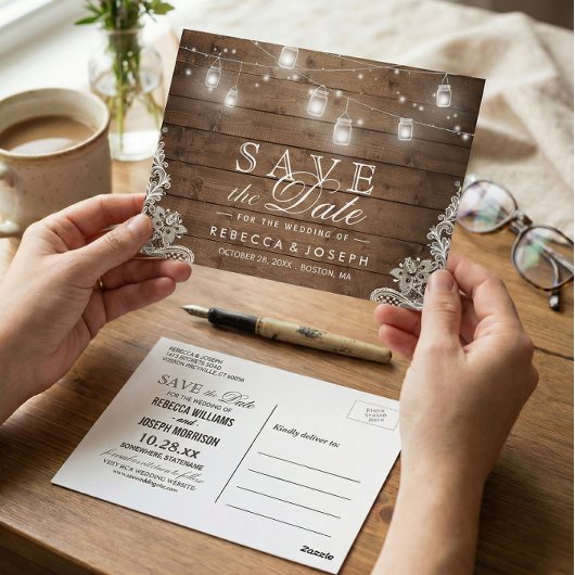 Rustikale Mason Jar Lights Lace Wedding Save the D Postkarte