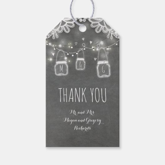 Rustikale Mason Jar Lights und Spitzen-Chalkboard- Geschenkanhänger (Vorderseite)