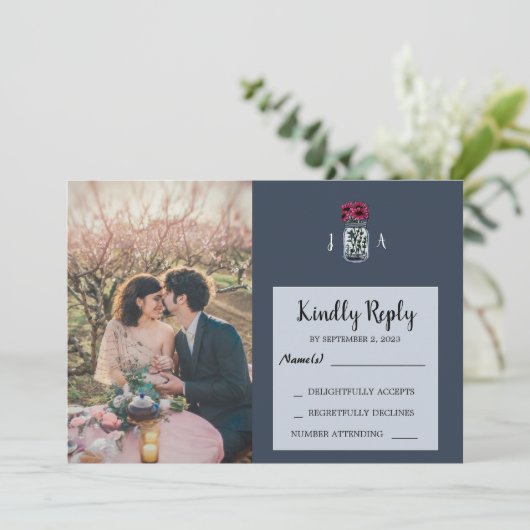 Rustikale Mason Jar Marine Blue Foto Hochzeit RSVP Einladung (Stehend Vorderseite)