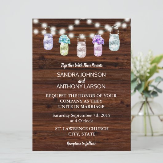 Rustikale Mason Jar mit Lichtereihen Einladung (Stehend Vorderseite)