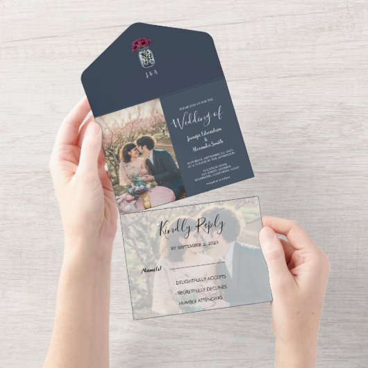 Rustikale Mason Jar Monogramm Foto Blau Hochzeit All In One Einladung (Abreißen)