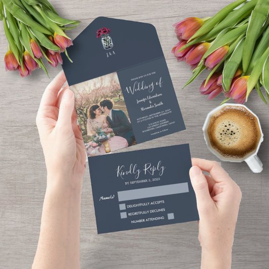 Rustikale Mason Jar Monogramm Foto Blau Hochzeit All In One Einladung