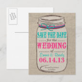 Rustikale Mason Jar Save the Date Pink Aquamarin Ankündigungspostkarte (Vorne/Hinten)