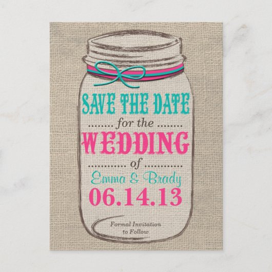 Rustikale Mason Jar Save the Date Pink Aquamarin Ankündigungspostkarte (Vorderseite)