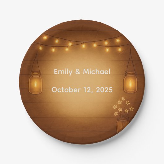 Rustikale Mason Jar & String Lights Hochzeit Pappteller (Vorderseite)
