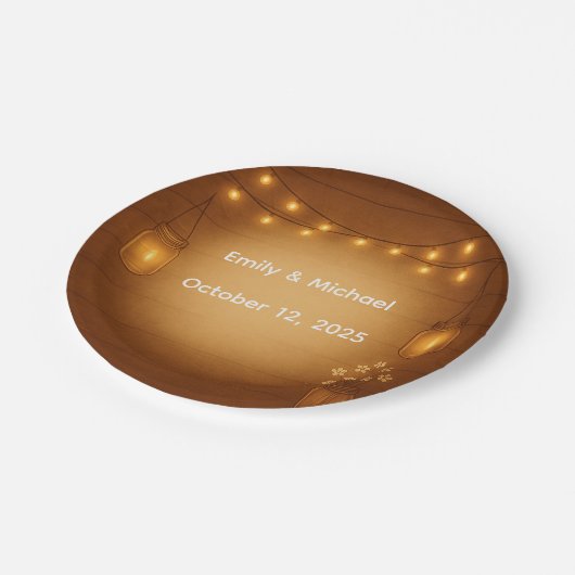 Rustikale Mason Jar & String Lights Hochzeit Pappteller (Schrägansicht)