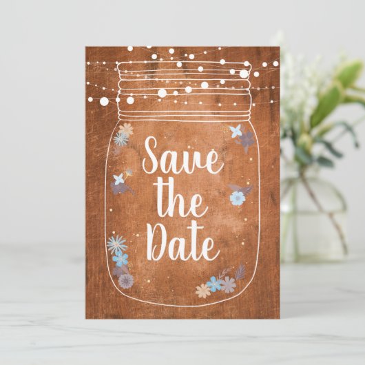 Rustikale Mason Jar String Lights Save the Date (Stehend Vorderseite)
