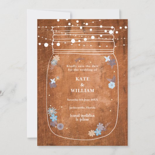 Rustikale Mason Jar String Lights Save the Date (Rückseite)