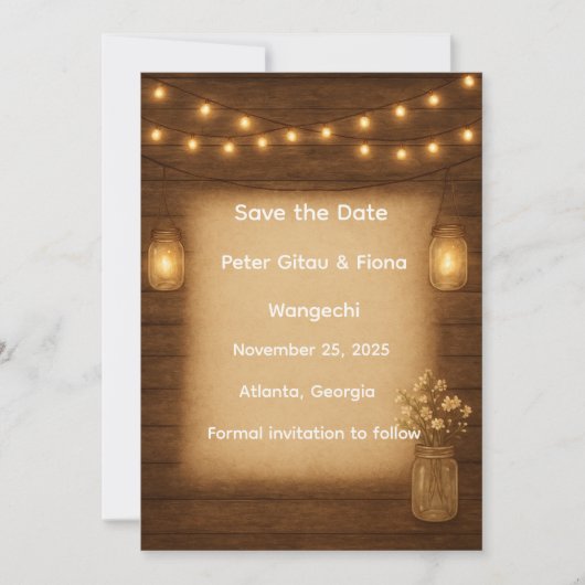 Rustikale Mason Jar String Lights Save the Date Ca (Vorderseite)