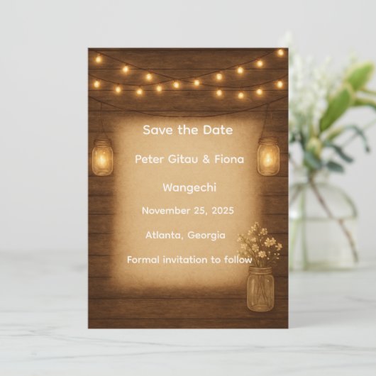 Rustikale Mason Jar String Lights Save the Date Ca (Stehend Vorderseite)