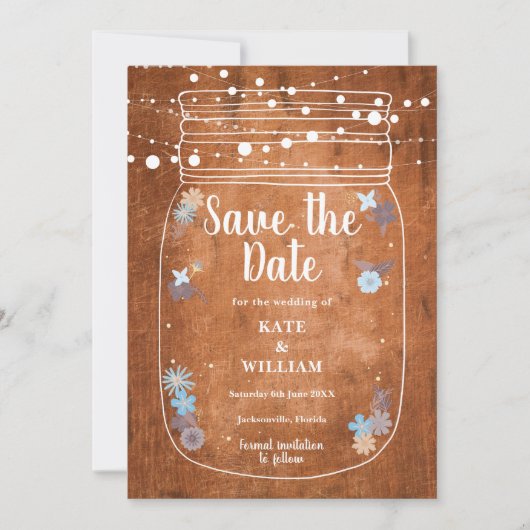 Rustikale Mason Jar String Lights Save the Date Einladung (Vorderseite)