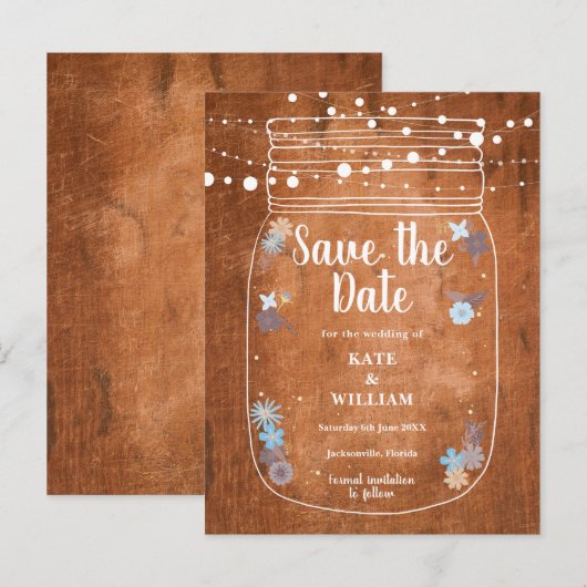 Rustikale Mason Jar String Lights Save the Date Einladungspostkarte (Vorne/Hinten)