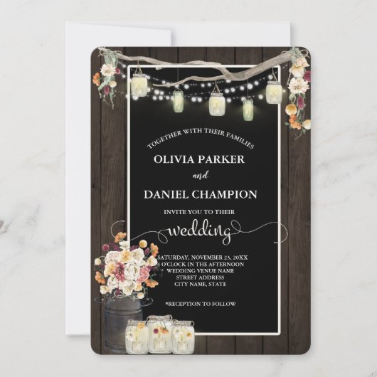 Rustikale Mason Jar String Lights Wasserfarben Blu Einladung (Vorderseite)